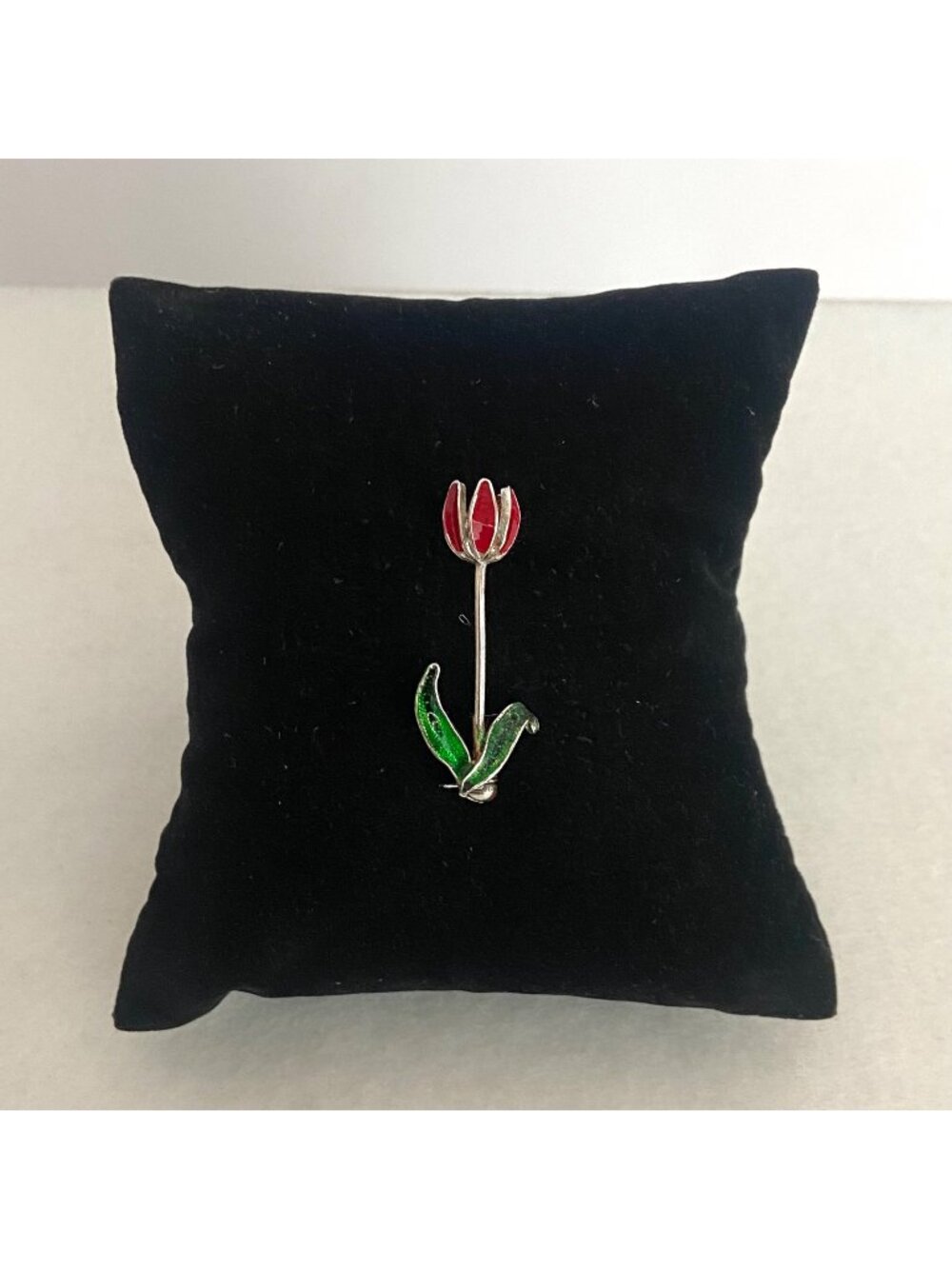 VTG Sterling Silver Dainty Enamel Red Tulip Flower Brooch
